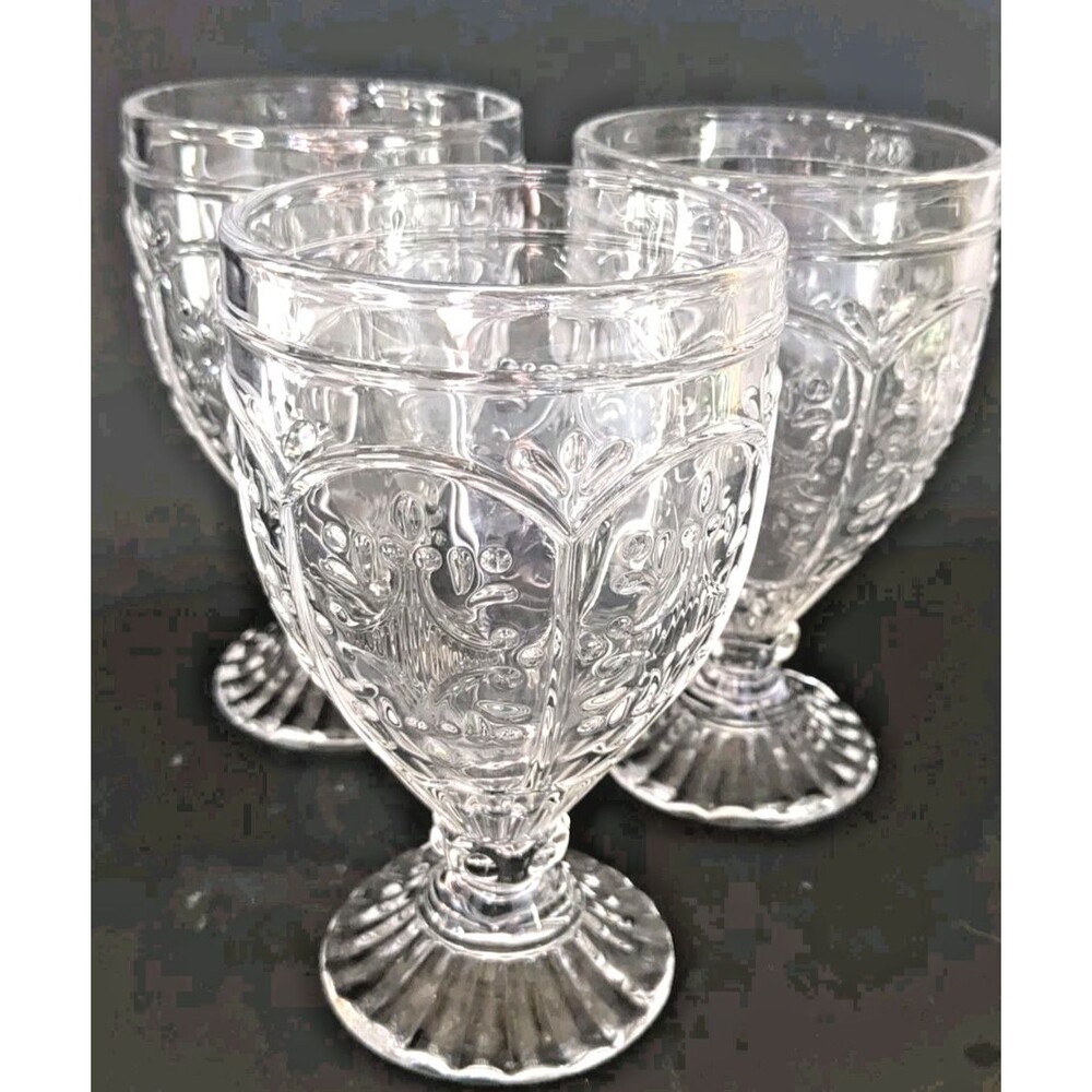 Fitz and Floyd Trestle Clear Embossed Glass Water Goblets 10 oz – Set of 3 – Orn